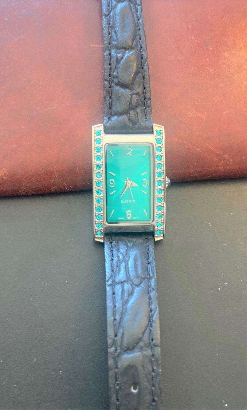 Women's 20mm Silver tone Watch, Green Face and Crystal  Accents, Leather Band